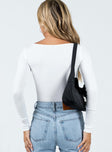 back view of model wearing Princess Polly Ballard Long Sleeve Bodysuit White Full Sleeves Scoop Neck 