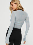 back view of model wearing Princess Polly Tasia Long Sleeve Bodysuit Blue Full Sleeves Sweetheart 