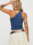 back view of model wearing Princess Polly Malita One Shoulder Top Denim Sleeveless Asymmetric Neckline 