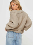 back view of model wearing Princess Polly Bella Notched Neck Sweater Beige Cropped 