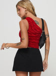 back view of model wearing Princess Polly Brinstead One Shoulder Top Red Sleeveless Asymmetric Neckline 