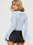 back view of model wearing Princess Polly Tomek Long Sleeve Top Blue Full Sleeves Plunger 