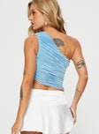 back view of model wearing Princess Polly Brinstead One Shoulder Top Blue Sleeveless Asymmetric Neckline 