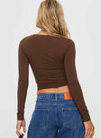 back view of model wearing Princess Polly Back In Time Long Sleeve Top Brown Full Sleeves Square Neck 