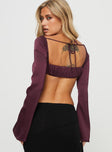 back view of model wearing Princess Polly Passionate Micro Crop Top Purple Full Sleeves Sweetheart 