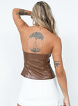 back view of model wearing Princess Polly Zentia PU Top Brown Sleeveless Plunger 