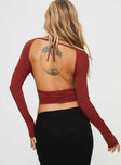 back view of model wearing Princess Polly Maier Long Sleeve Top Red Full Sleeves Plunger 