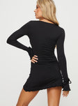 back view of model wearing Princess Polly Dalzine Long Sleeve Mini Dress Black Square Neck 