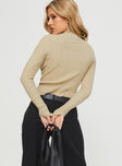 back view of model wearing Princess Polly Lathan Long Sleeve Rib Top Beige Full Sleeves High Neck 