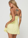 back view of model wearing Princess Polly Tassos Mini Dress Lemon Sweetheart Neckline 