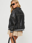 Faux leather jacket Contrast-washed black throughout, classic collar, twin hip pockets, ribbed cuffs & waist, magnetic button fastening at front Non-stretch material, fully lined 