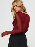 back view of model wearing Princess Polly Leonie Bodysuit Burgundy Full Sleeves Sweetheart 