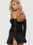 back view of model wearing Princess Polly Benton Off The Shoulder Top Black Full Sleeves Sweetheart 