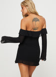 back view of model wearing Princess Polly Mollins Long Sleeve Mini Dress Black Straight Neck 