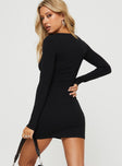 back view of model wearing Princess Polly Lex Long Sleeve Mini Dress Black Crew Neck 