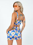 back view of model wearing Princess Polly Ilina Mid Rise Mini Skirt Floral Blue Mini Skirts 