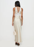 back view of model wearing Princess Polly Persefonie Lace Maxi Dress Champagne V-Neck 