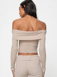 Front view of model wearing  front Princess Polly Full Sleeves Square Neck  Tagula Off The Shoulder Top Beige