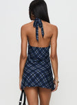 back view of model wearing Princess Polly Laraline Halter Mini Dress Navy Check Plunger 