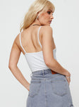 back view of model wearing Princess Polly Prida Scoop Neck Bodysuit White Sleeveless Scoop Neck 