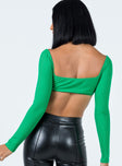 back view of model wearing Princess Polly Becca Long Sleeve Crop Top Green 