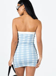 back view of model wearing Princess Polly Carano Mini Dress Blue Check Sweetheart Neckline 