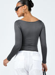 back view of model wearing Princess Polly Ellery Bodysuit Grey Full Sleeves Square Neck 