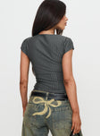 back view of model wearing Princess Polly Santa Cruz Zip Through Top Grey Pinstripe Short Sleeves Square Neck 