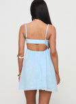 back view of model wearing Princess Polly Granno Mini Dress Light Blue Sweetheart Neckline 