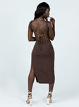 back view of model wearing Princess Polly Lainey Midi Dress Brown 