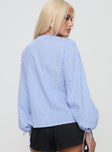 back view of model wearing Princess Polly Slide Away Top Blue Full Sleeves V-Neck 