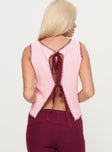 back view of model wearing Princess Polly Castiel Knit Vest Pink Sleeveless Boat Neck 