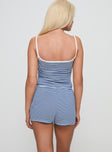 back view of model wearing Princess Polly Winslet Low Rise Short Blue Stripe Low Rise Shorts 