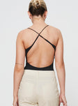 back view of model wearing Princess Polly Wheller Open Back Bodysuit Black Sleeveless Scoop Neck 