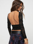 Front view of model wearing  front Princess Polly Full Sleeves Square Neck  Sardi Long Sleeve Lace Top Black