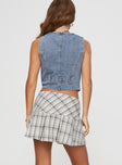 back view of model wearing Princess Polly Santaigo Pleat Mini Skirt Neutral Check Mini Skirts 