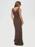 back view of model wearing Princess Polly Nellie Maxi Dress Brown Polka Dot V-Neck 