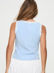 back view of model wearing Princess Polly Tinkerie Top Blue Sleeveless Plunger 