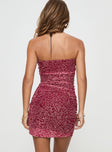 back view of model wearing Princess Polly Capucine Strapless Mini Dress Red Floral Straight Neck 