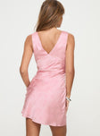 back view of model wearing Princess Polly Harland Mini Dress Pink Plunger 