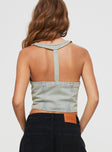 back view of model wearing Princess Polly Nyc Denim Halter Top Light Wash Sleeveless Scoop Neck 