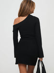 back view of model wearing Princess Polly Holveck Off The Shoulder Mini Dress Black Asymmetric Neckline 