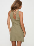 back view of model wearing Princess Polly Portillo Linen Blend Mini Dress Olive Plunger 