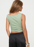 back view of model wearing Princess Polly Karre Off The Shoulder Top Green Sleeveless Asymmetric Neckline 