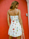 back view of model wearing Princess Polly Jaye Mini Dress White / Multi V-Neck 