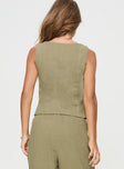 back view of model wearing Princess Polly Zenda Linen Blend Top Olive Sleeveless Square Neck 