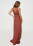 back view of model wearing Princess Polly Verde Linen Blend Maxi Dress Burnt Rust V-Neck 