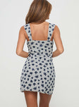 back view of model wearing Princess Polly Aerida Mini Dress Floral Cluster Pale Grey Sweetheart Neckline 