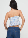 back view of model wearing Princess Polly Karta Top White / Blue Sleeveless V-Neck 