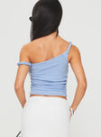 back view of model wearing Princess Polly Messenger One Shoulder Top Blue Sleeveless Asymmetric Neckline 